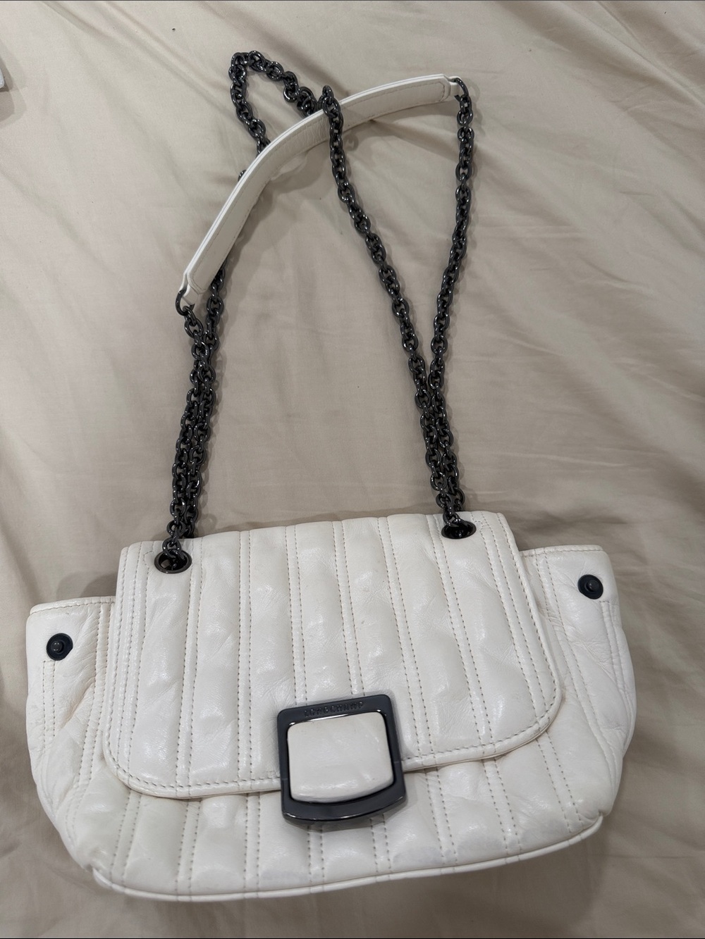 Longchamp White Quilted Shoulder Bag with Dark Chain Strap